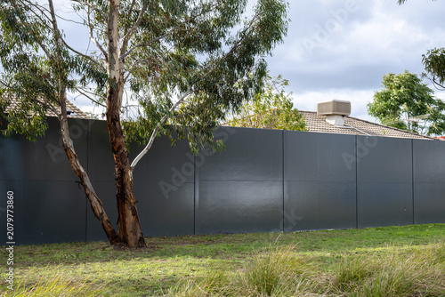Canvastavla A boundary wall beside eucalyptus tree separating retail and residential area in Australia