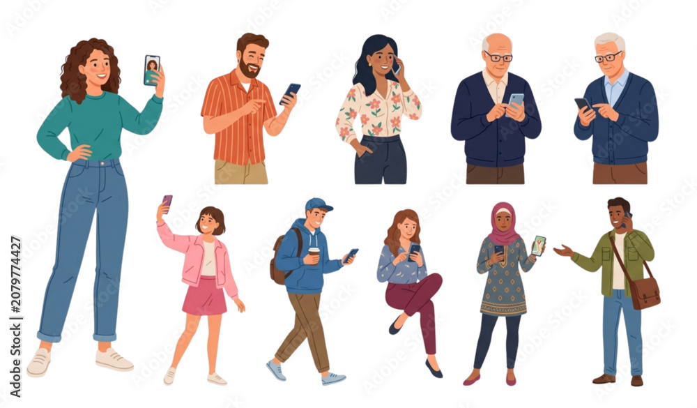 Obraz premium Illustrate a premium collection of 36 unique male and female characters holding smartphones on a solid white background. Feature a wide variety of ages, hairstyles, fashion styles, and ethnic diversit