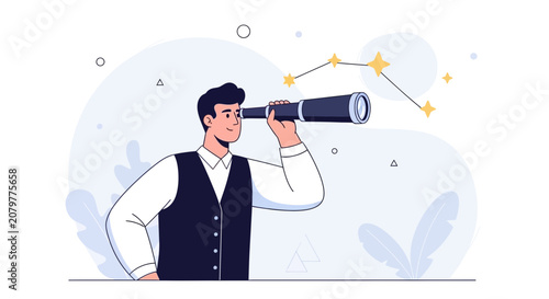 Man looking through telescope at stars, symbolizing vision, future, discovery, and exploration