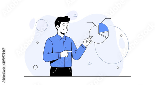 Man pointing to pie chart, illustrating business growth, data analysis, and financial planning. Modern flat vector illustration.
