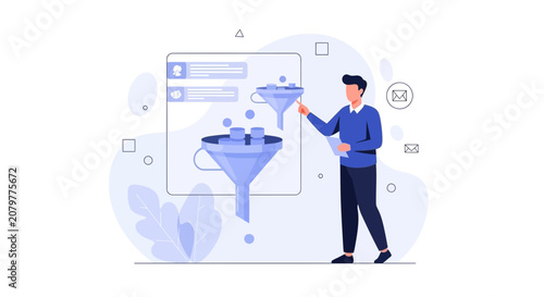 Man Managing Sales Funnel: Lead Generation, CRM, and Marketing Automation Concept