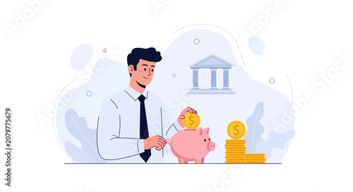 Man saving money in piggy bank with coins and bank building illustration, representing financial planning and investment concept.