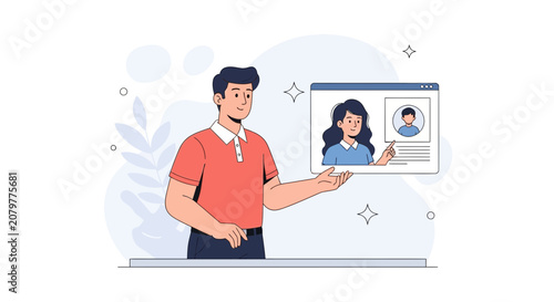 Man Presenting User Profile Interface on Digital Screen