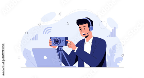 Man with Headset and Camera Recording Video on Laptop for Online Content Creation or Streaming
