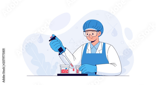 Scientist in Lab Coat Working with Pipette and Test Tubes, Modern Flat Vector Illustration