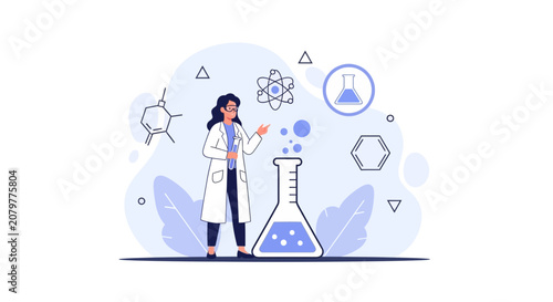 Scientist Woman Conducting Chemical Experiment in Laboratory with Molecular Structures and Flasks - Flat Design Vector Illustration