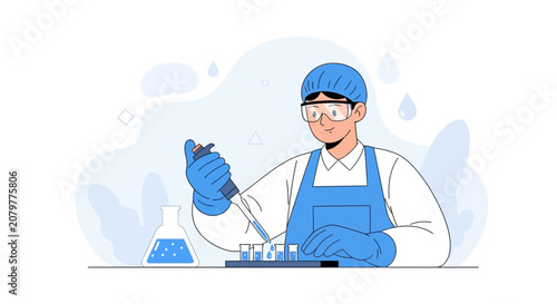 Scientist in laboratory conducting experiment with pipette and test tubes, modern flat design vector illustration.