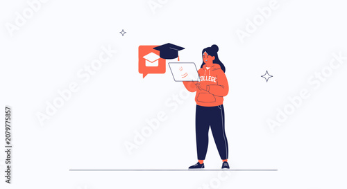 Student with Laptop and Graduation Cap Icon, Online Education Concept, Modern Flat Vector Illustration