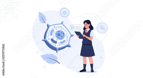 Student studying cell biology, digital illustration of plant cell and girl with tablet.