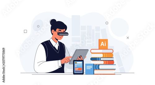 Student wearing VR headset learns using tablet and books, illustrating digital education and augmented reality in learning.