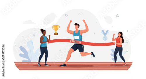 Athlete crossing finish line, celebrating victory, winning race, achieving success, with trophy and medal - vector illustration