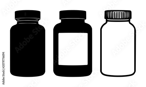 Photos Vitamin supplement bottle set with solid black icon on white background featurin