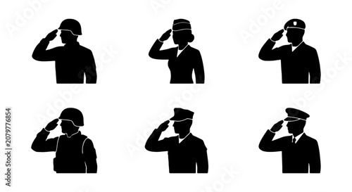 Bild auf Leinwand Military soldier saluting silhouettes set, army officer and veteran icons, 6 vec