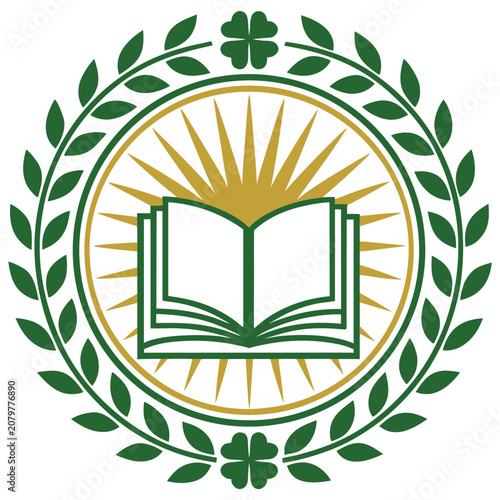 Vintage Open Book Emblem Badge with Green Laurel Leaf Border