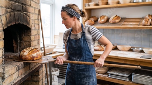 Woman baking bread in bakery with rustic brick oven and shelves  