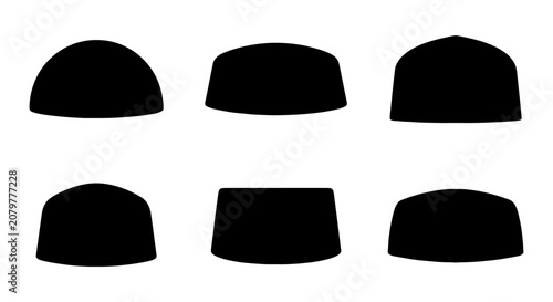 Bild auf Leinwand Black Islamic Kufi Caps, Six Traditional Headwear Silhouettes, Cultural Religiou