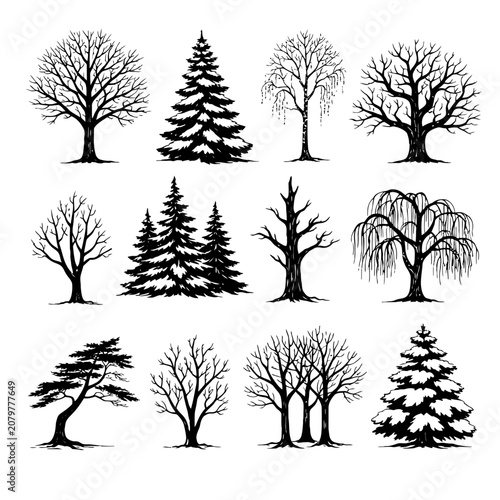 Collection of black and white tree illustrations in various styles