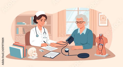 Doctor checking elderly patient blood pressure in clinic.