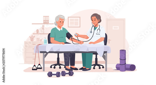 Doctor checks elderly patients blood pressure in medical office.
