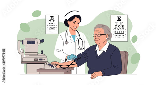 Nurse checks elderly womans blood pressure during eye exam.