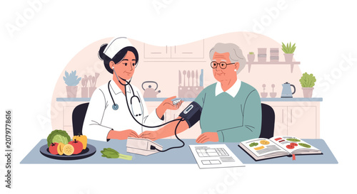 Nurse checking blood pressure of an elderly woman.
