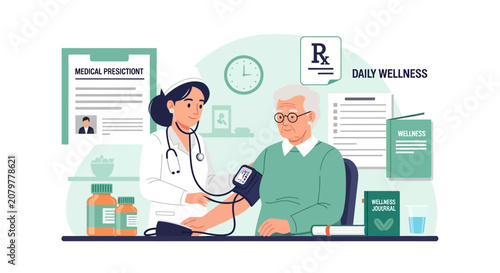 Doctor checks elderly mans blood pressure during medical checkup.
