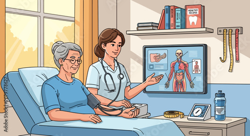 Doctor explaining anatomy to elderly patient in hospital room.