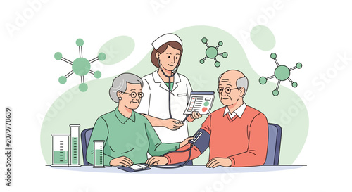 Nurse checks elderly couples blood pressure during medical checkup.