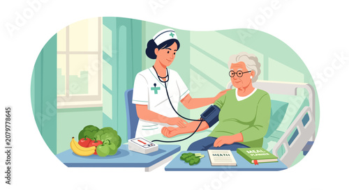 Nurse checking elderly patients blood pressure in hospital room.