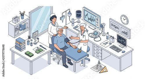 Doctor and nurse examining elderly patient in medical clinic.