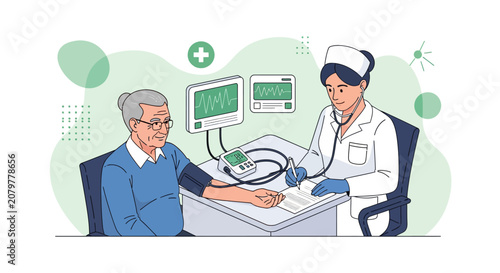 Doctor checking elderly patients blood pressure with medical equipment.