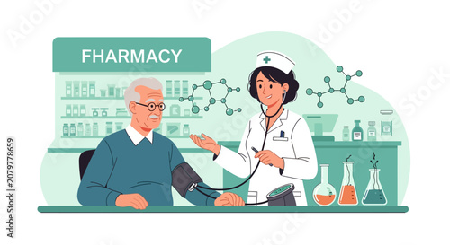 Nurse checks elderly mans blood pressure in pharmacy.