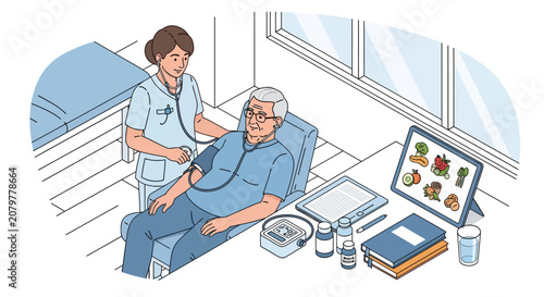 Nurse checks elderly mans blood pressure in medical examination room.