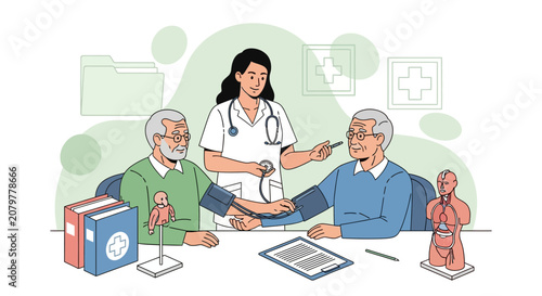 Doctor checking blood pressure of elderly patients during medical checkup.