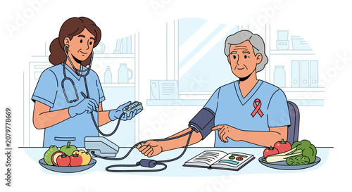 Nurse checks elderly womans blood pressure with healthy food.