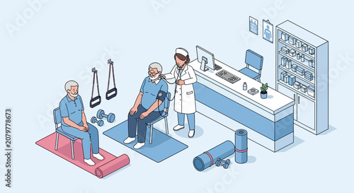 Physical therapy session with doctor and patient exercising.