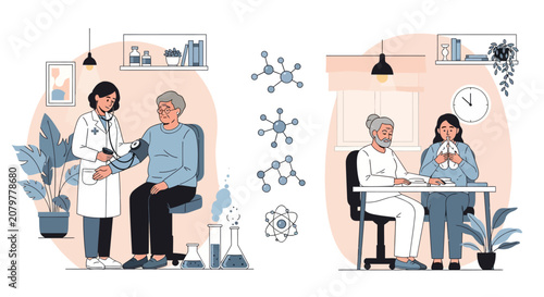 Doctor examining patient in medical office with scientific illustrations.