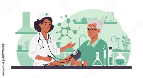 Nurse checks elderly womans blood pressure in medical setting.