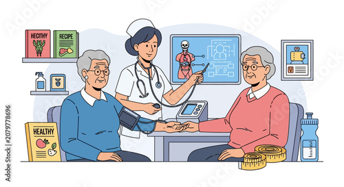 Nurse checks blood pressure of elderly couple during medical consultation.