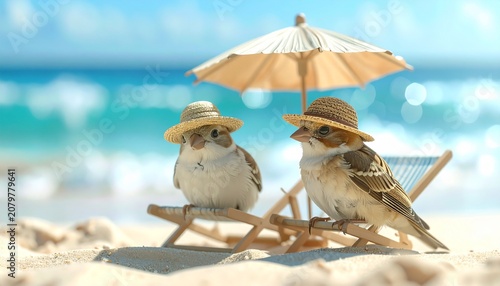 Cute Sparrows Enjoying a Summer Beach Vacation Under a Paper Umbrella