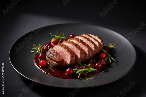 Pan-seared duck breast with cranberry sauce and rosemary