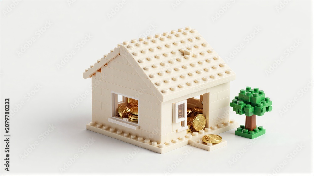 Obraz premium Lego house filled with gold coins, small tree beside it.