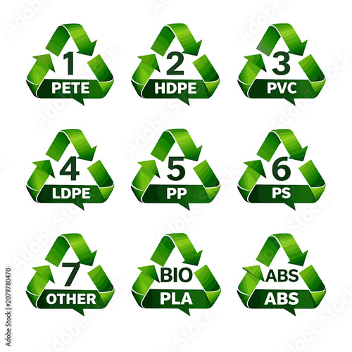 Recycling symbols with plastic codes and eco-friendly icons set
