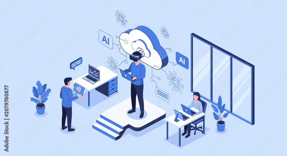 Naklejka premium People interacting with virtual reality and artificial intelligence in a modern office setting.