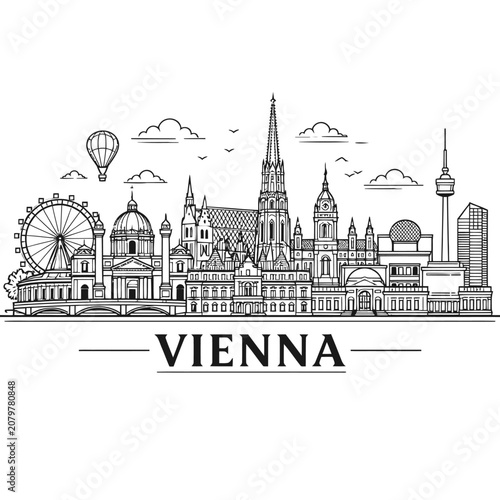 Vienna city skyline illustration with landmarks and hot air balloon