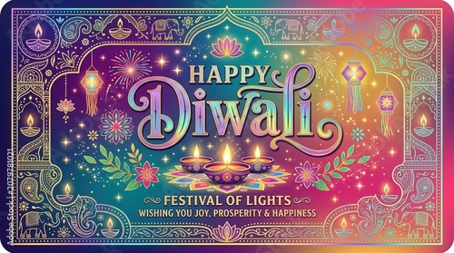 Diwali Greeting Card Design with Traditional Oil Lamps and Decorative Floral Patterns for Indian Festival of Lights Celebration and Cultural Holiday Wishes