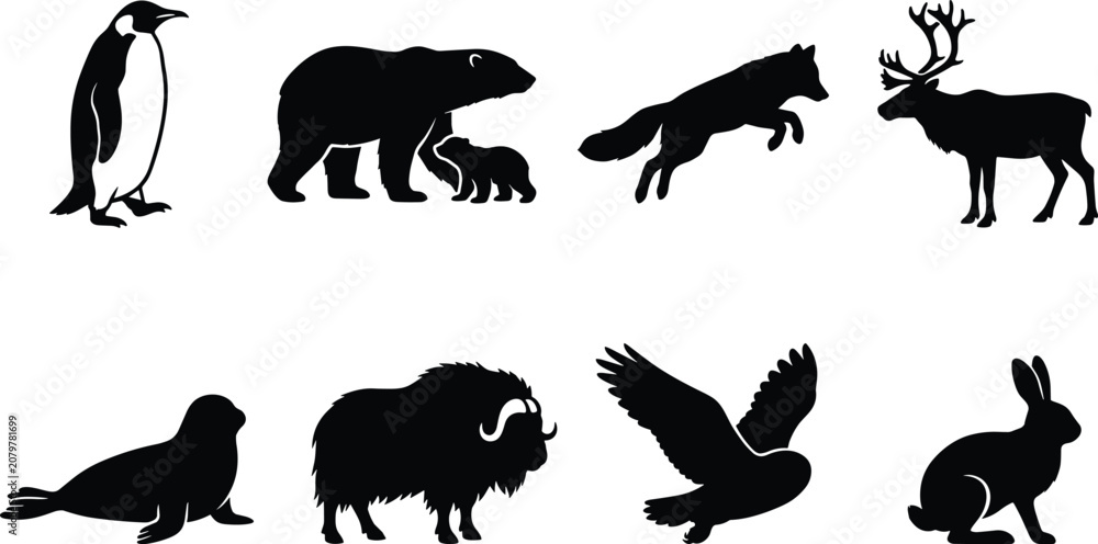 Obraz premium Arctic and Antarctic Polar Animals Silhouette Icon Set Vector Illustration Isolated on White Background