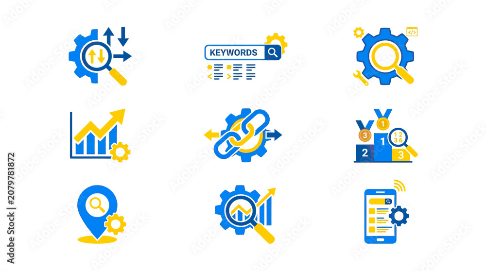 Fototapeta premium SEO Optimization Icons: Analytics, Keywords, Links, Ranking, Location, Mobile