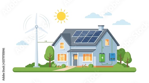 Sustainable Living Concept with Modern House Using Solar Panels Wind Turbine and Battery Storage System