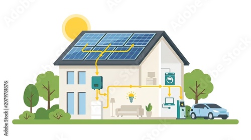 Modern Eco-Friendly House with Solar Panels, Energy Storage System, and Electric Vehicle Charging Station Illustration